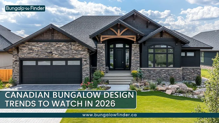 Modern Canadian bungalow with stone exterior, dark accents, landscaped front yard, and modern architectural design showcasing 2026 bungalow trends.